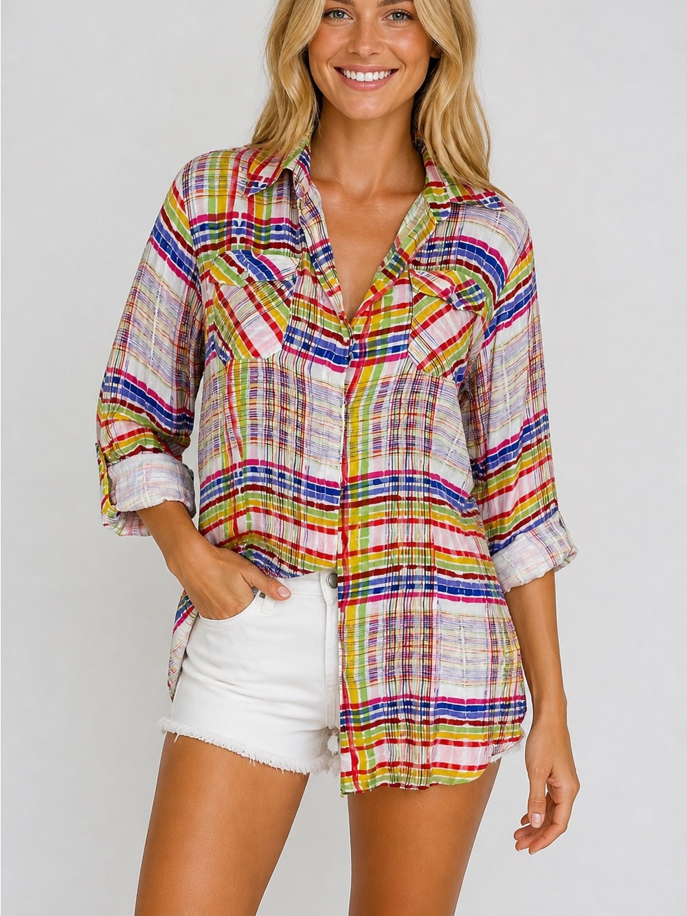 CAbi #797 CIRQUE Colorful Plaid Button Down Blouse